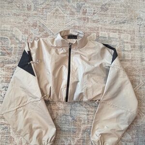 Reebok x Cardi B Cropped Beige Bomber Jacket with Black Shoulder Accents